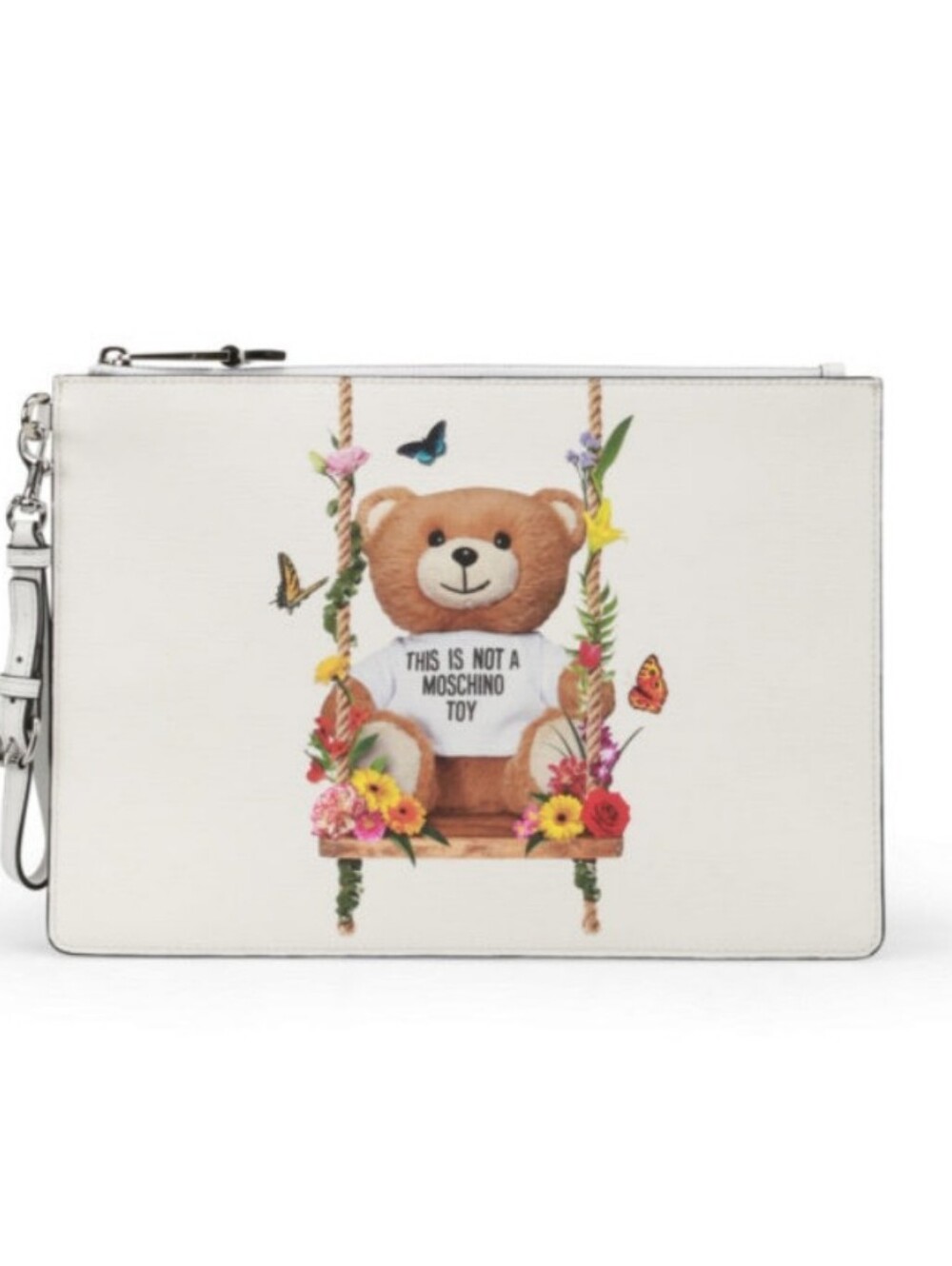Moschino White Teddy Print Wristlet with Floral Accents
